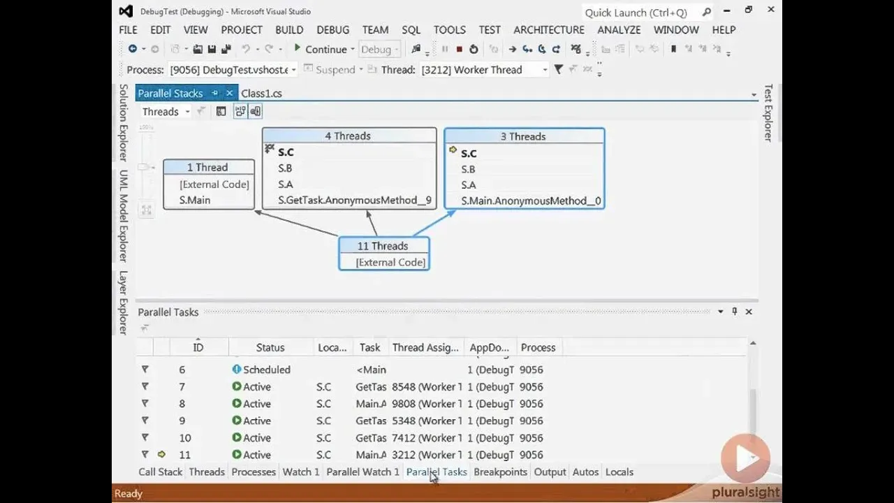 Visual Studio em depuração com a janela Parallel Stacks, que agrupa as threads por pilha de chamadas, e a janela Parallel Tasks listando as tarefas ativas